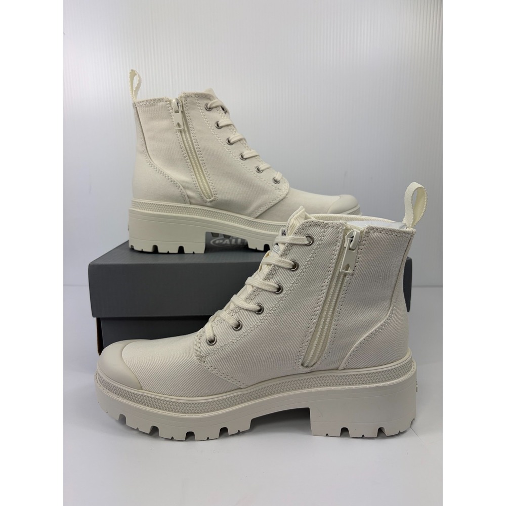 Palladium Pallabase Twill Womens 6.5 Star White Canvas Platform Zipper Boots